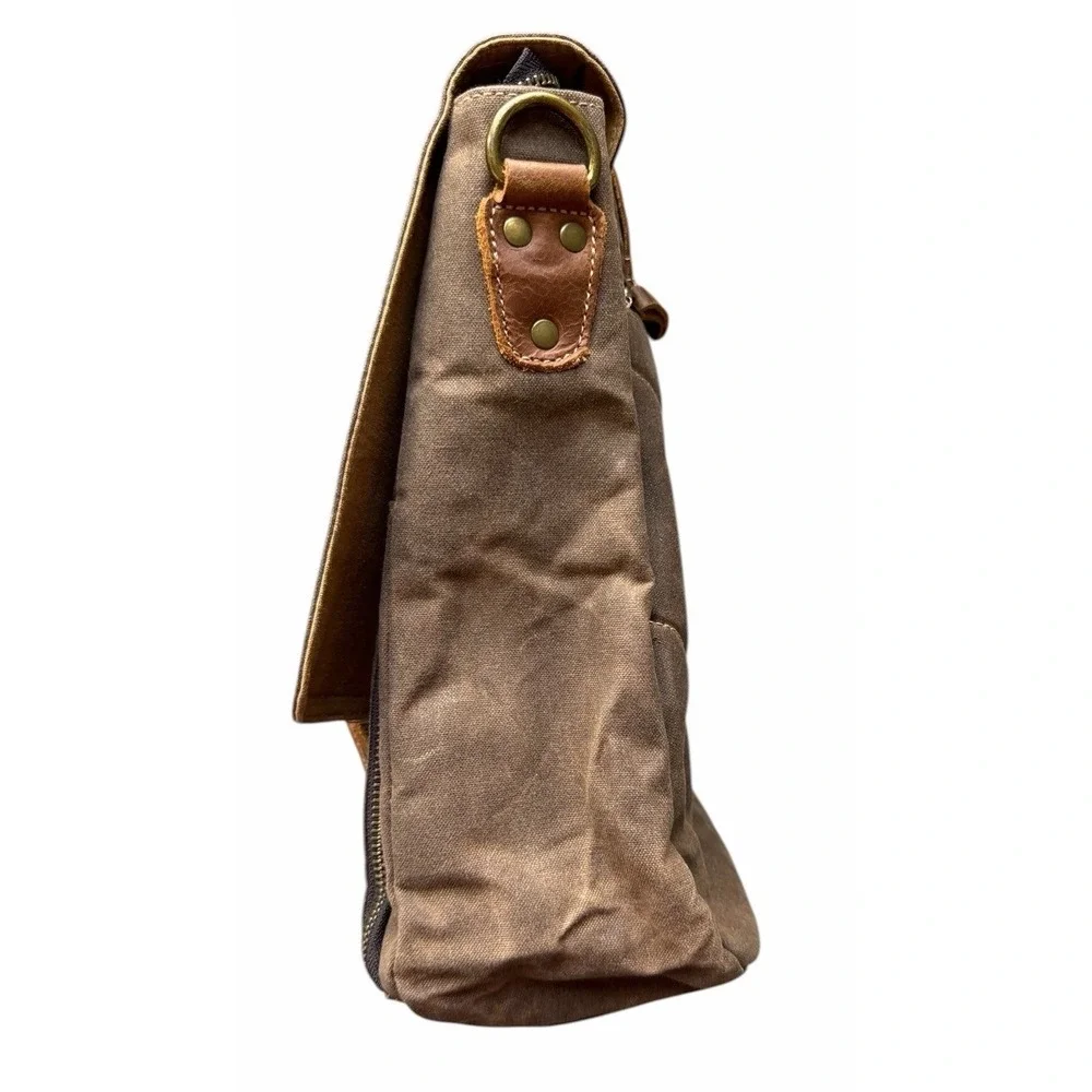ZB Messenger Bag Canvas- Leather- Waterproof- Adjustable Strap Brown